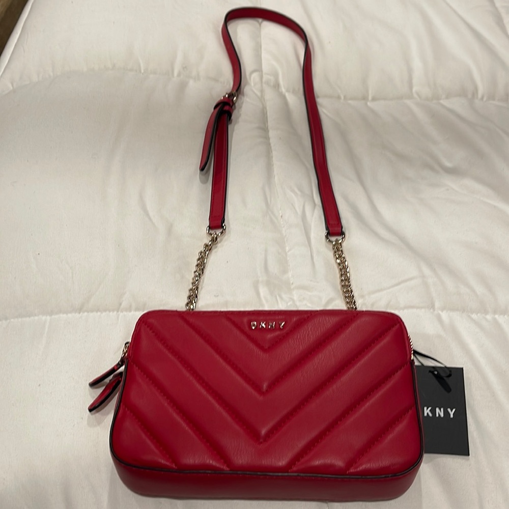 DKNY red cross body bag with gold chain